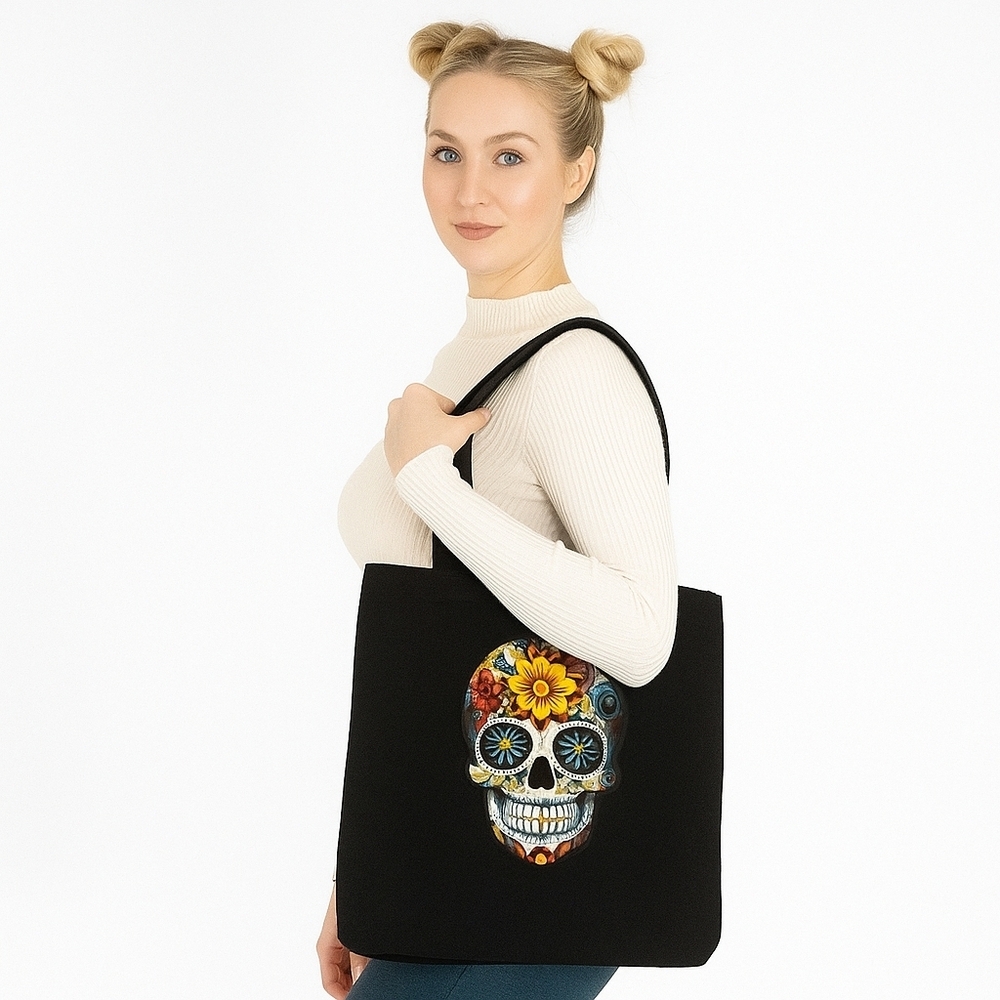 Hand Crafted Reusable Tote Bag Canvas Black Multicolored Skull Floral motif 13"